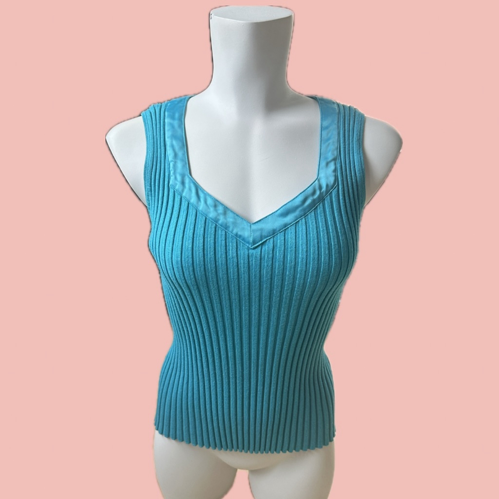 Belldini Aqua Blue Ribbed Stretch Top Satin Trim Y2K Sleeveless – Size L